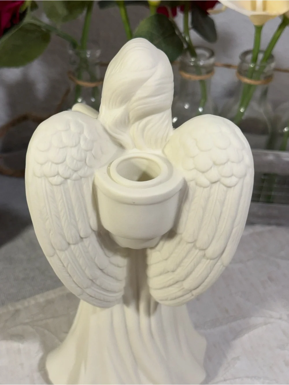 PartyLite Lyrical Angel Playing Harp Bisque Porcelain Taper Candle Holder P0461